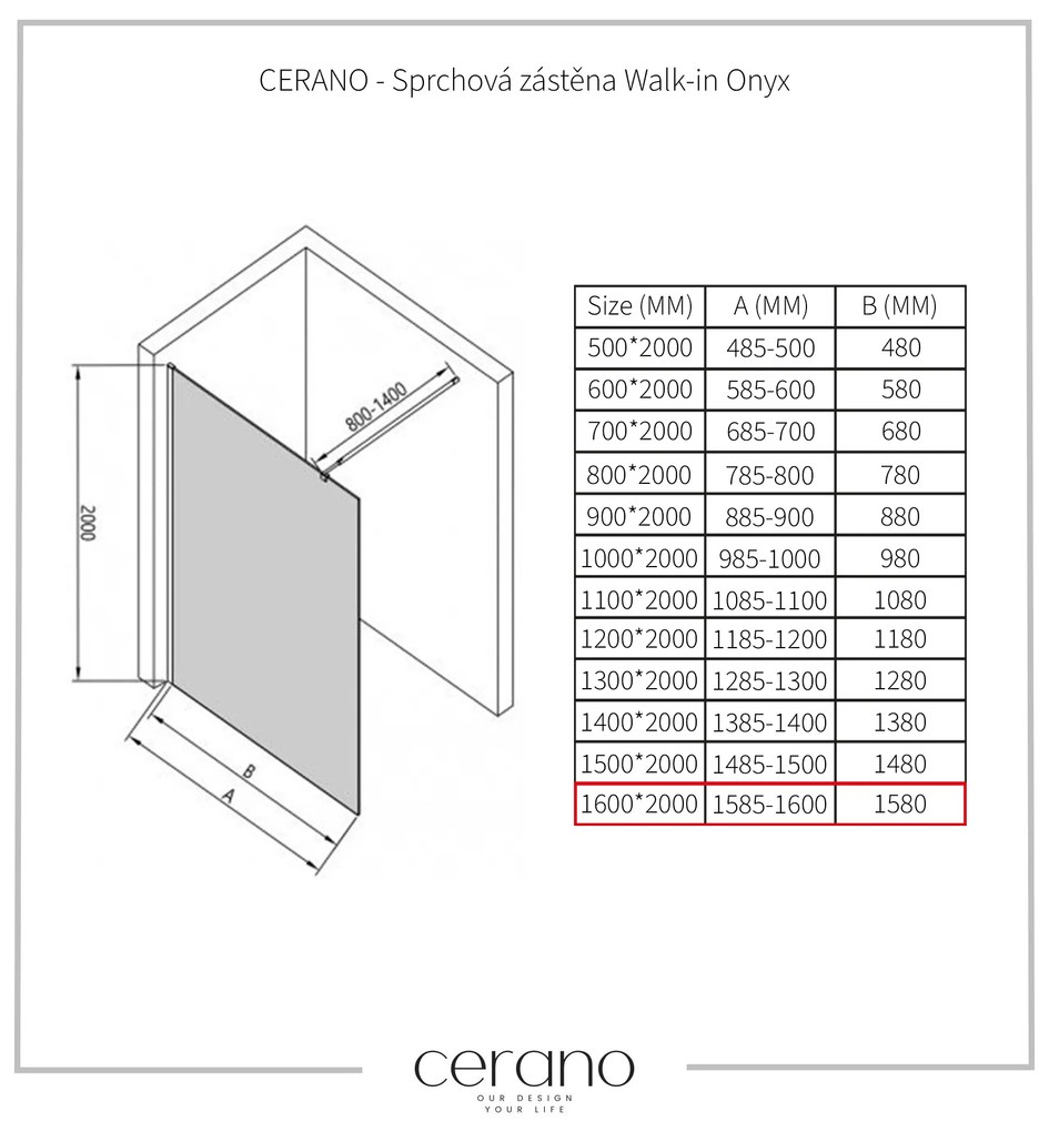 Cerano Onyx, Walk-in zuhany paraván 160x200 cm, 8mm átlátszó üveg, fekete profil, CER-CER-426379
