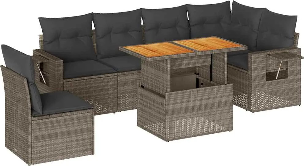 vidaXL 7 részes szürke polyrattan kerti ülőgarnitúra párnákkal