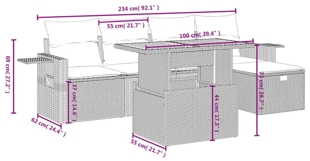 6 részes fekete polyrattan kerti ülőgarnitúra párnákkal