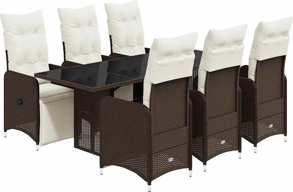 vidaXL 7 részes barna polyrattan kerti bisztrógarnitúra párnákkal