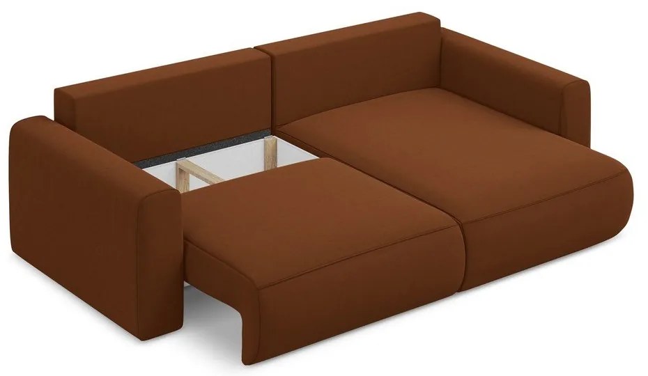 Terrakotta színű bársony kinyitható-tárolóhelyes sarokkanapé (jobb oldali-heverő résszel) Kapua – Makamii