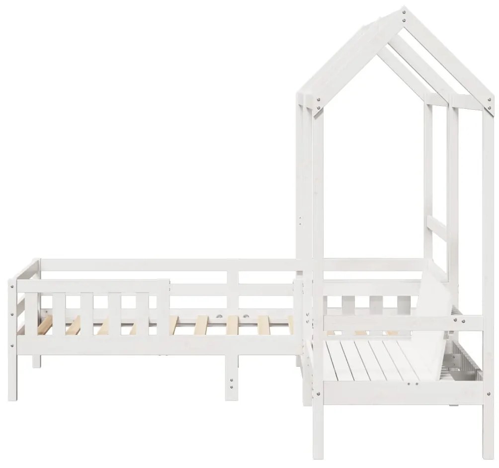 fehér tömör fenyőfa ágy és pad szett tetővel 80 x 200 cm