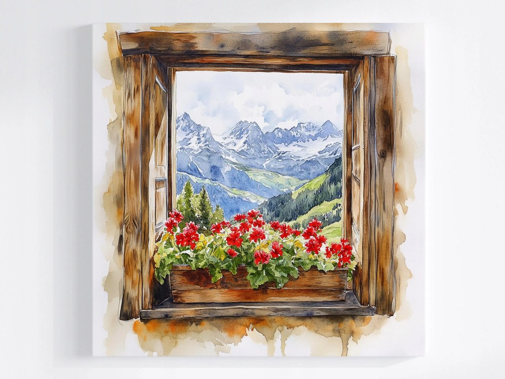 Vászonkép Canvas Ablak Kilátás Hegyek Alpok Hó Virágok Muskátli 80x80