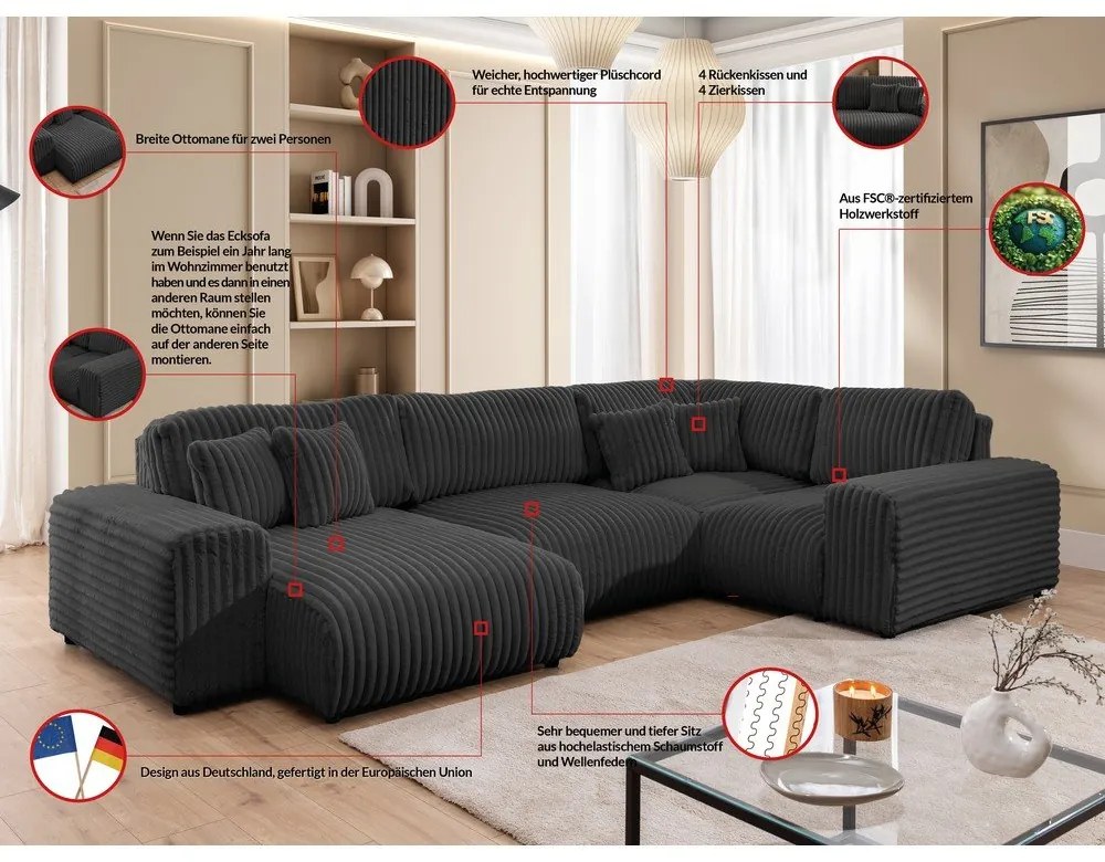 Sötétszürke kordbársony sarokkanapé (jobb oldali-U alakú) Justin – Ropez