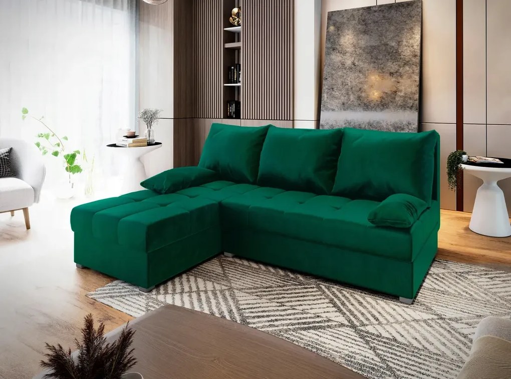 AKCIÓ Sötétzöld kihúzható sarokkanapé ZENA, mindkét oldalas II. osztályú