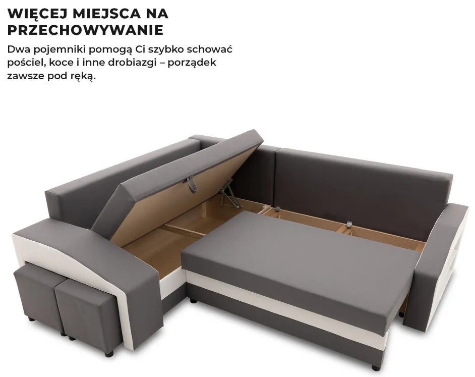 Grande sarokkanapé polcokkal és puffokkal , polc a jobb karfaban puffok a bal karfaban, baloldali, szövet anyag, bonell töltet, szürke - fehér