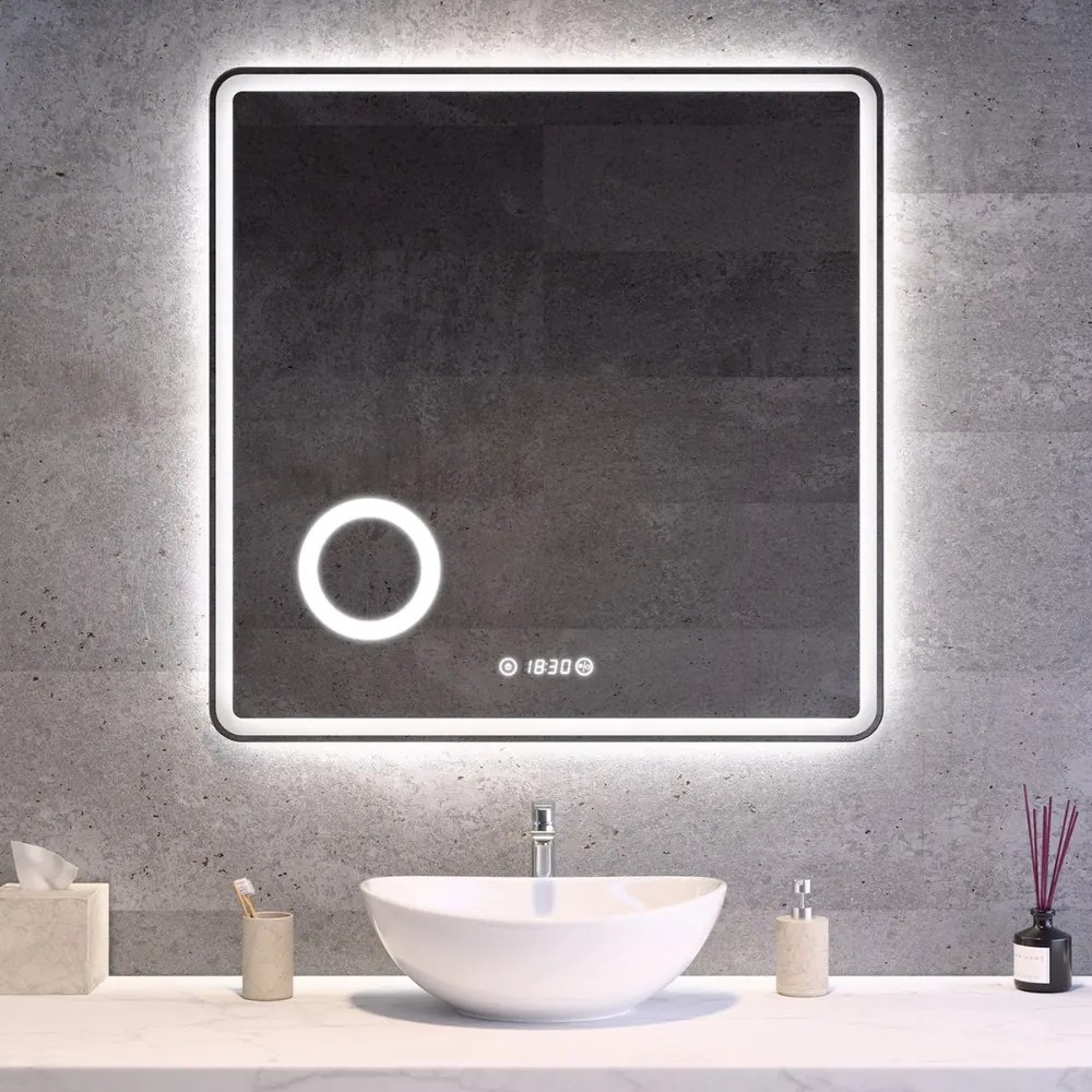 Fürdőszobai LED tükör 80x80cm | Páramentesítő - Kozmetikai tükör - Fényerő + színhőfok állítás - Digitális óra | Welland Luxury-Line G795
