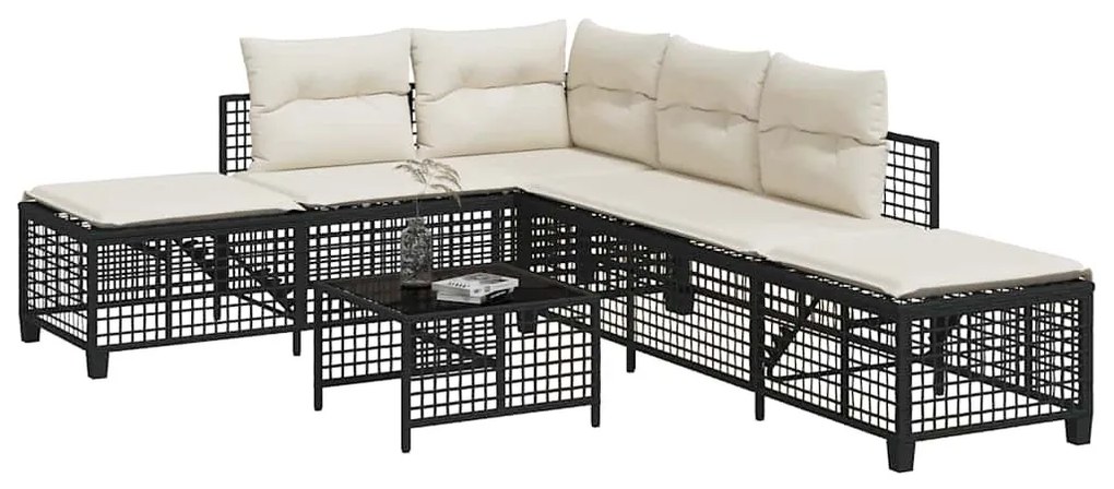 3 részes fekete polyrattan kerti sarokkanapé garnitúra párnával