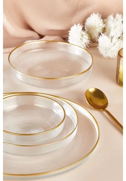 18 darabos étkészlet, átlátszó üveg arany díszítéssel