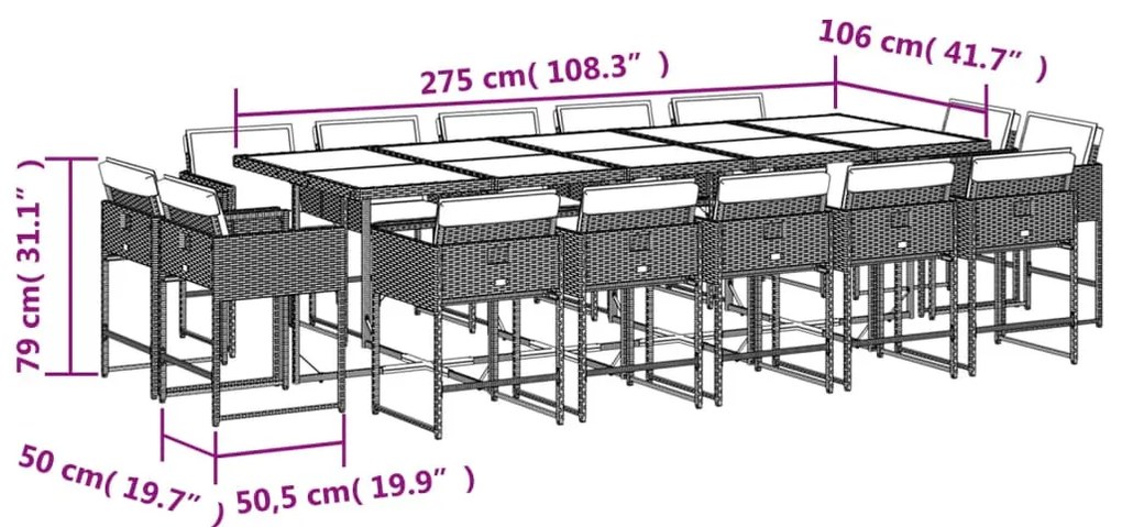 15 részes vegyes bézs polyrattan kerti étkezőgarnitúra párnával