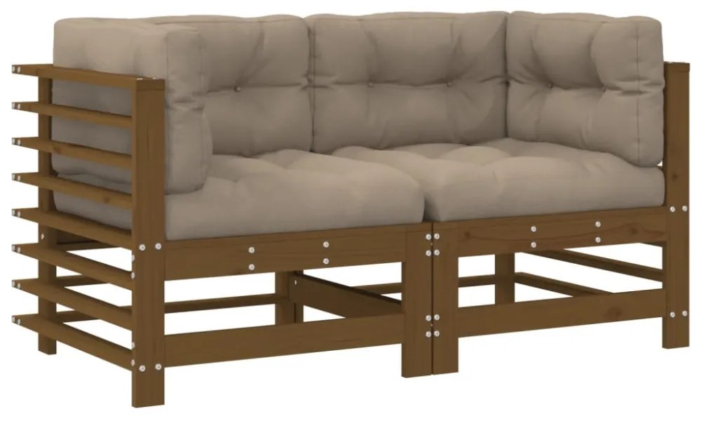 2 db mézbarna tömör fenyőfa sarokkanapé párnákkal