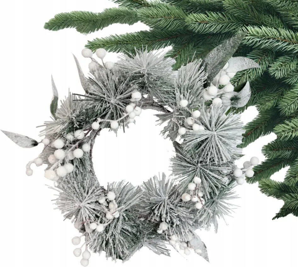 Karácsonyi Fenyő Ajtó Koszorú Fehér Hókoszorú Galagonya 45 cm Díszek