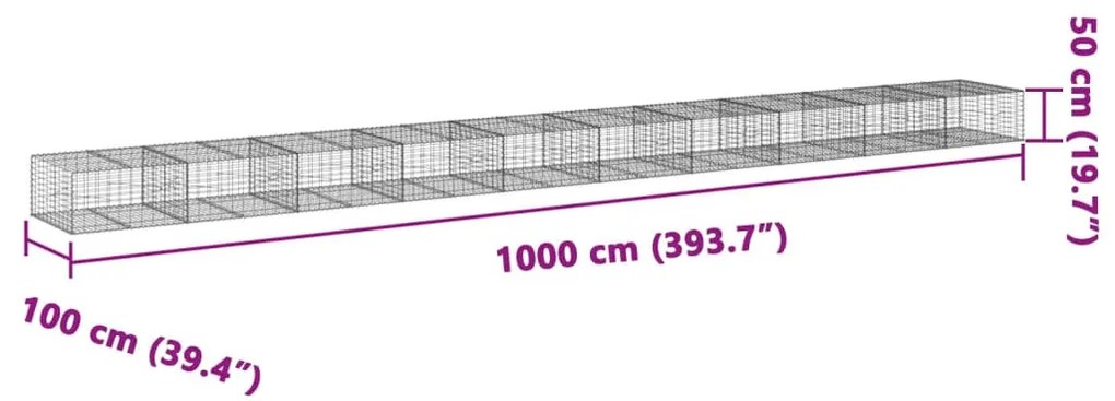 horganyzott vas gabion kosár fedéllel 1000 x 100 x 50 cm