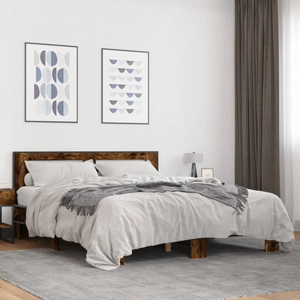 füstös tölgy színű szerelt fa és fém ágykeret 150 x 200 cm