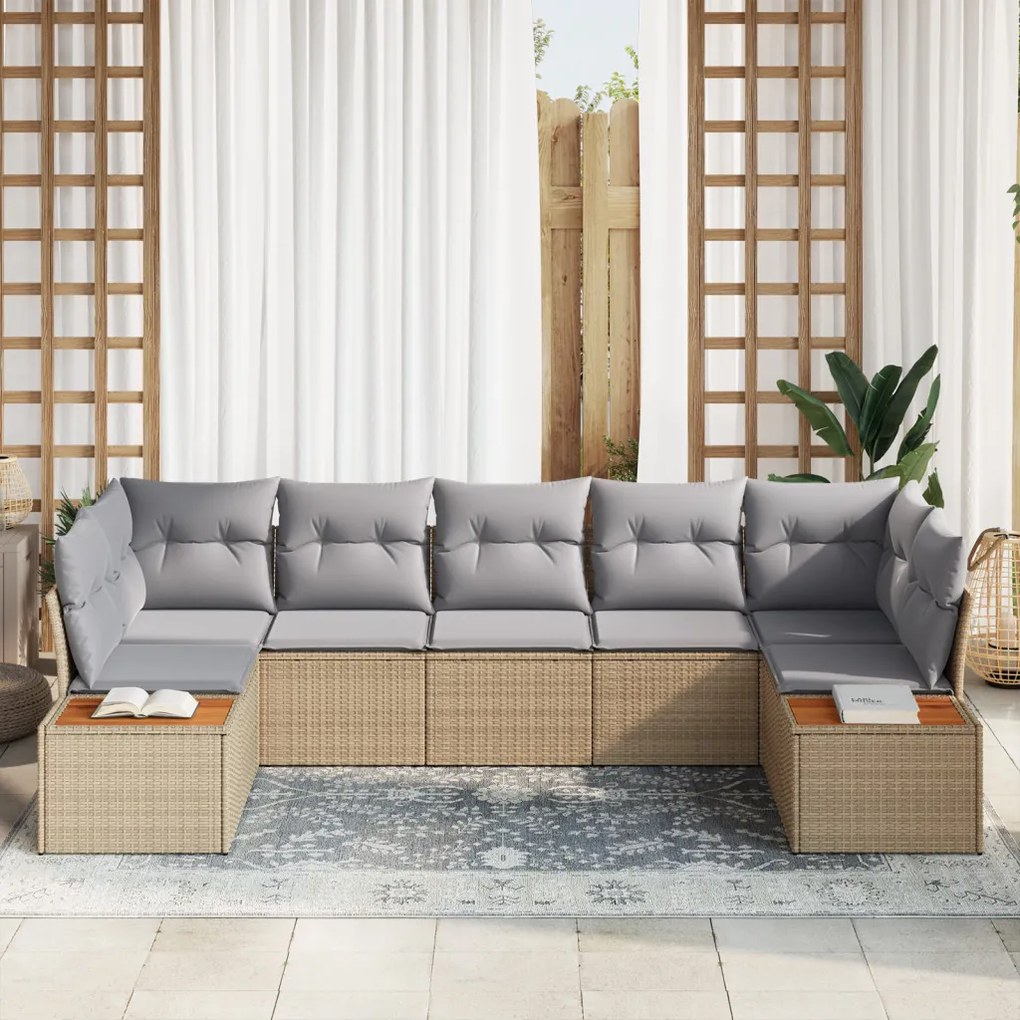7 Részes Kerti Sofa Készlet Párnákkal Bézs Poli Rattan Akác