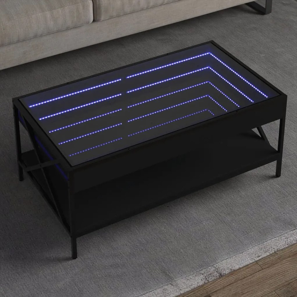 Fekete végtelen hatású LED-es dohányzóasztal 90 x 50 x 38 cm