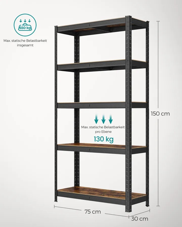 Nagy teherbírású tárolópolc, 5 állítható polccal, 650 kg teherbírás, 75 x 30 x 150 cm, rusztikus barna/fekete