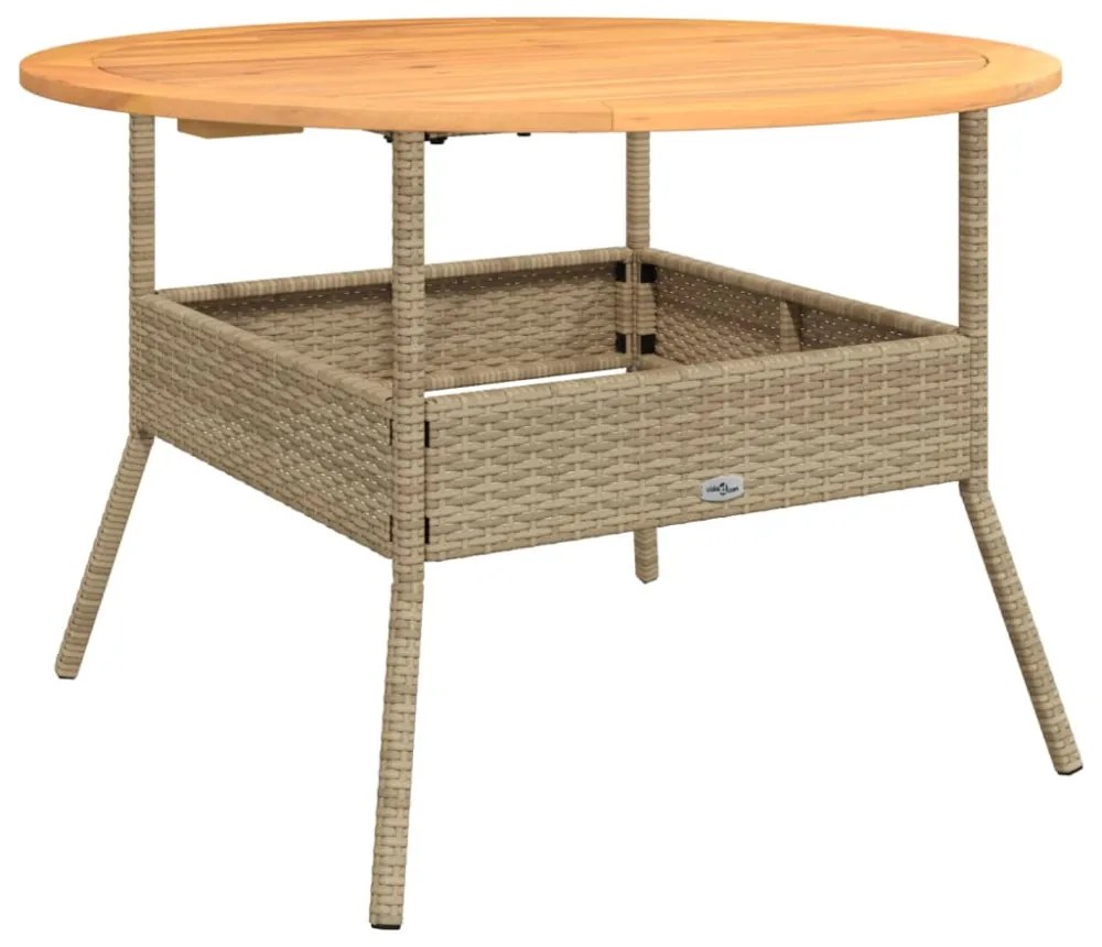 bézs polyrattan kerti asztal akácfa lappal Ø110 x 71 cm