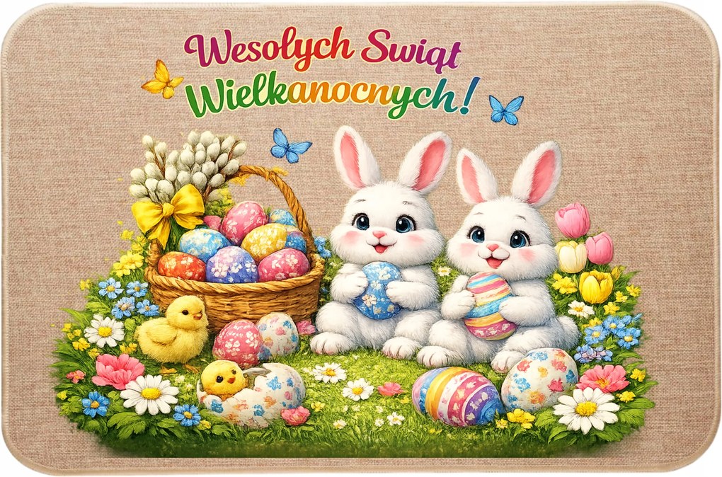 Lenvászon Lábtörlő Ajtóhoz Boldog Húsvéti Ünnepeket Nyuszi Két