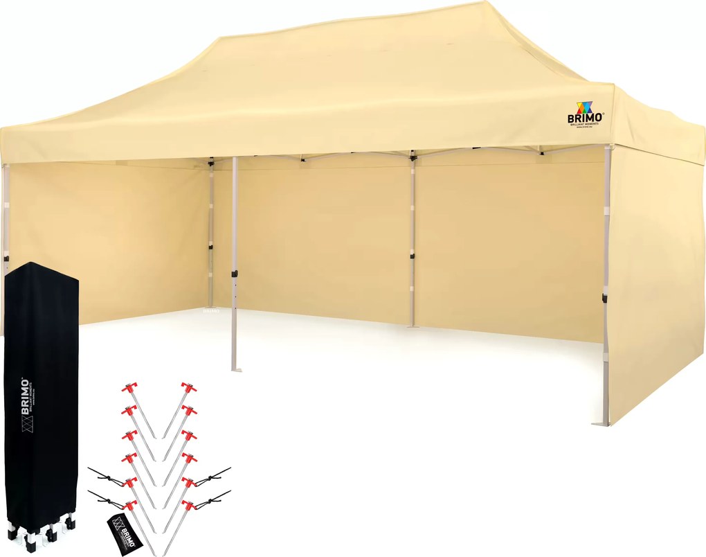 Párty sátor 3x6m Keresztvázas (3 fal) - Acél szerkezet és ponyva 330g/m² - plusz 3 oldalfal - Bézs