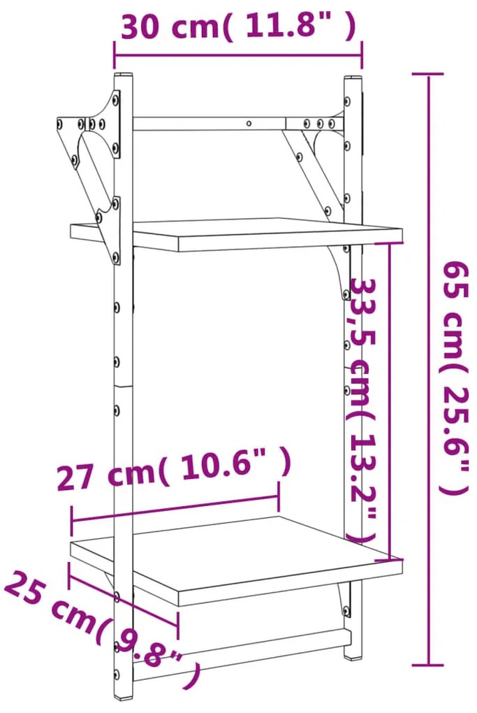 2 db 2 szintes füstös tölgy színű fali polc rúddal 30x25x65 cm