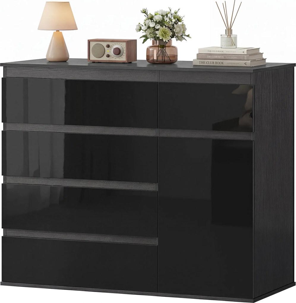 HOMCOM komód — 5 fiókos tároló állítható polccal és halk záródású ajtóval, magasfényű fekete, 100 x 40 x 80 cm | Aosom