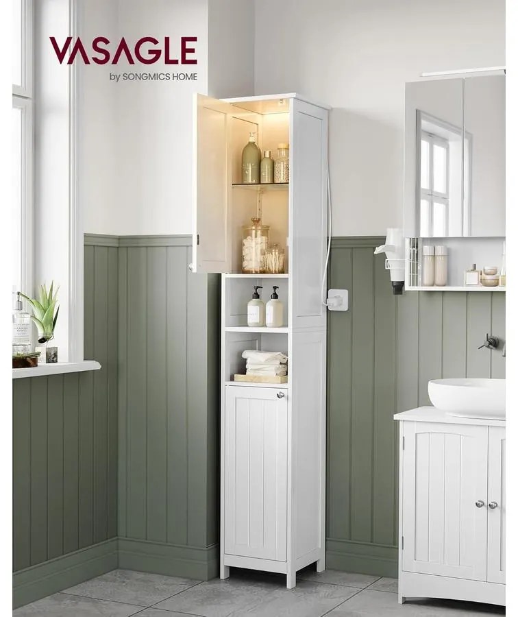 Magas és keskeny fürdőszobai szekrény világításal 170x30x30 fehér színben