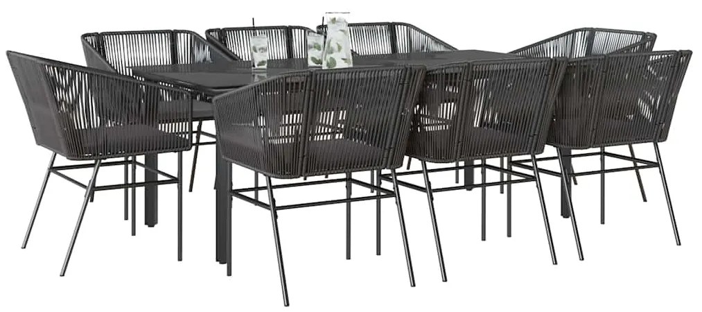 vidaXL 9 részes fekete polyrattan üveg kerti étkezőgarnitúra párnákkal