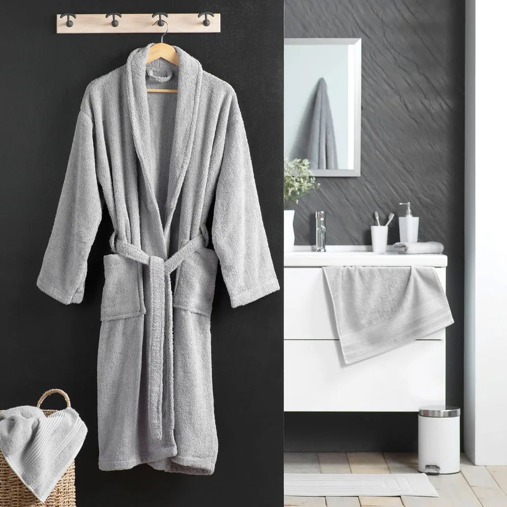 Világosszürke pamut fürdőköpeny M Tendresse – douceur d'intérieur