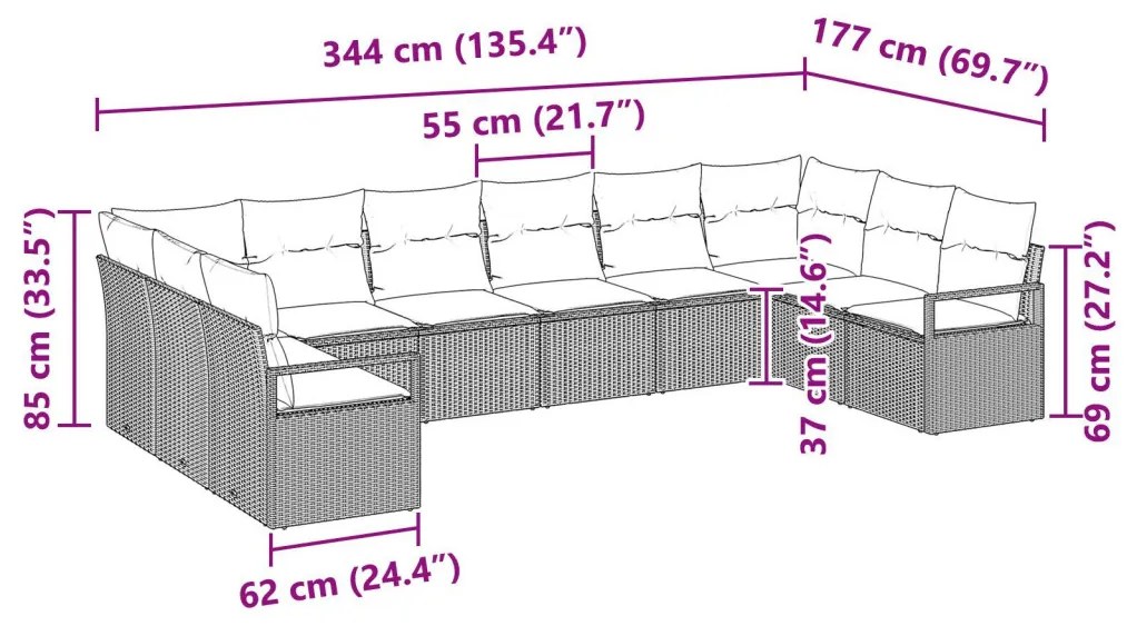 10 részes kültéri kanapé szett párnákkal bézs poli rattan, 2 fős kertibútor párnákkal bézs poli rattan
