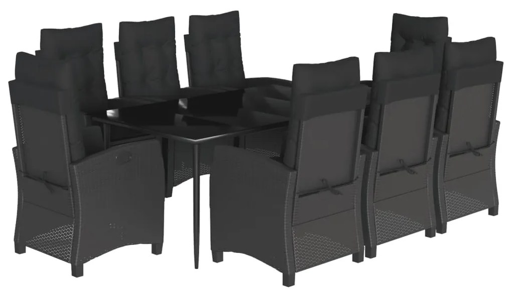 9 részes fekete polyrattan kerti étkezőgarnitúra párnákkal