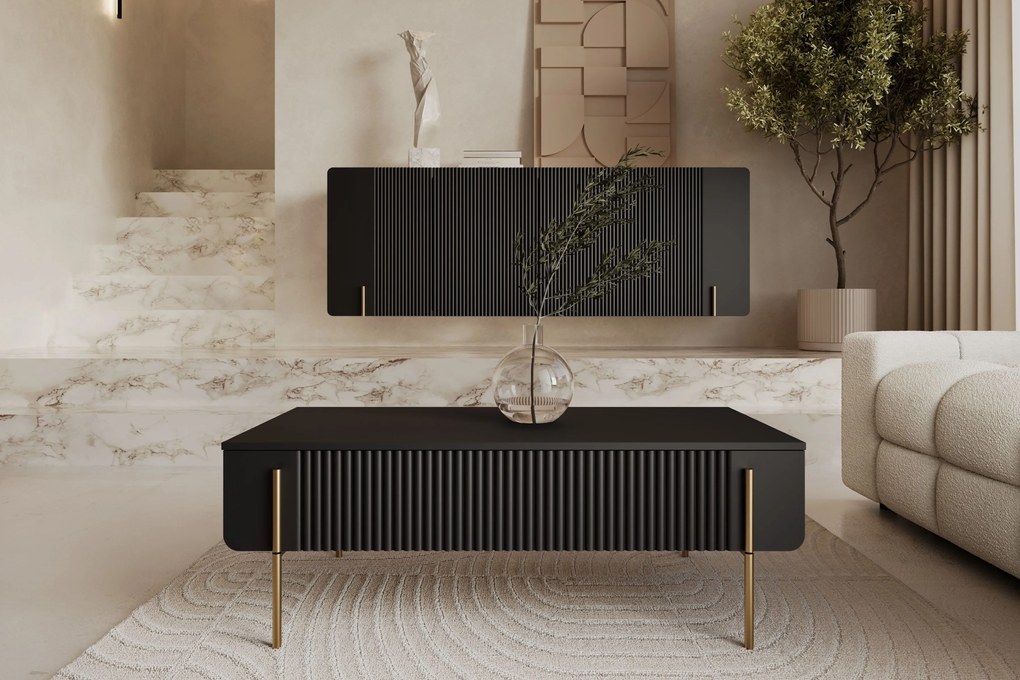 Malmi dohányzóasztal fiókokkal 100 cm - fekete matt / arany lábak