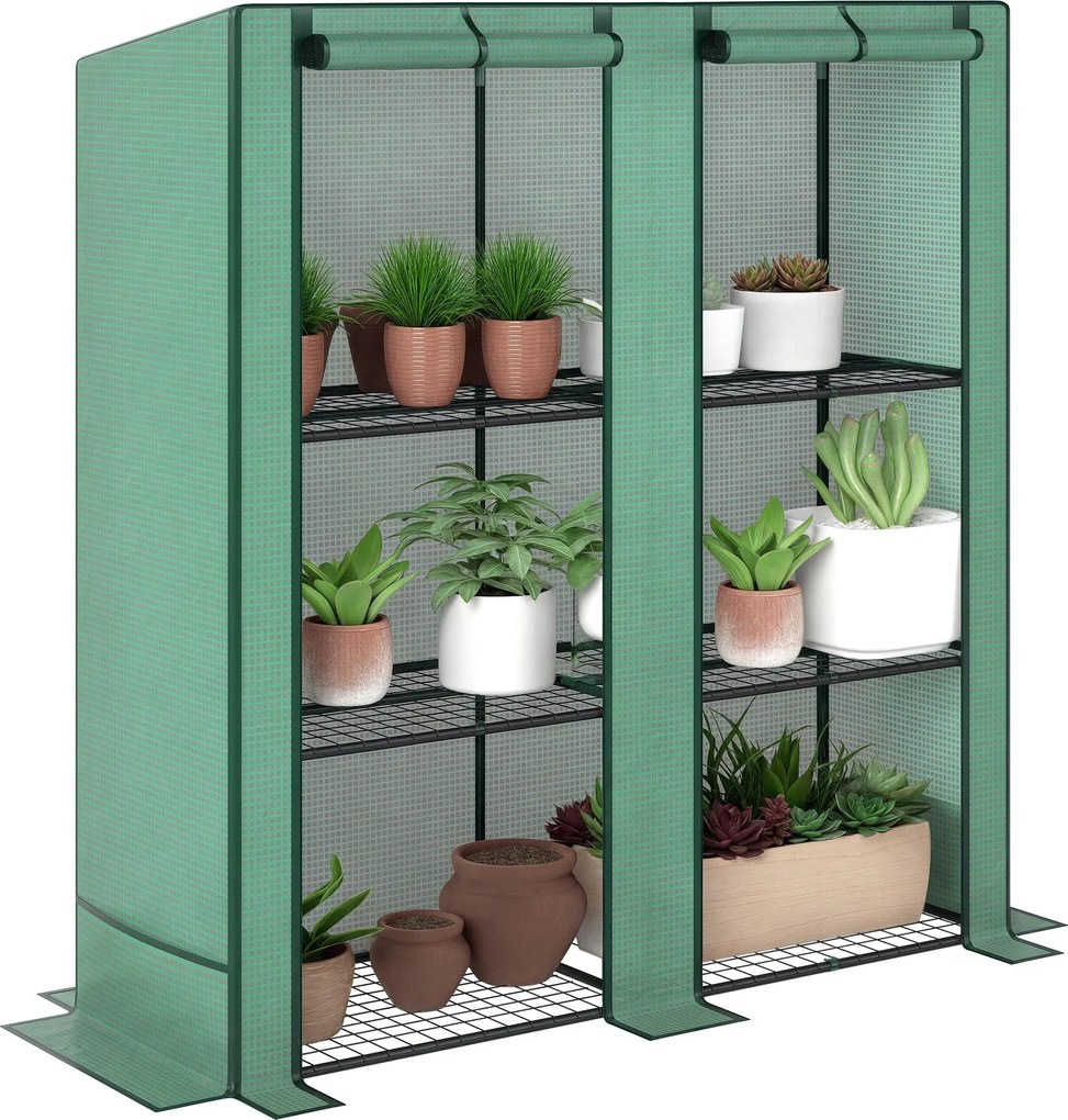 Outsunny Üvegház Penta Tetős Kétszárnyú Ajtóval, Polcokkal, Télen is Védett Fólia Üvegház Acélból, Üvegház Erkélyre, Kertbe, Paradicsomház 144 x 48 x