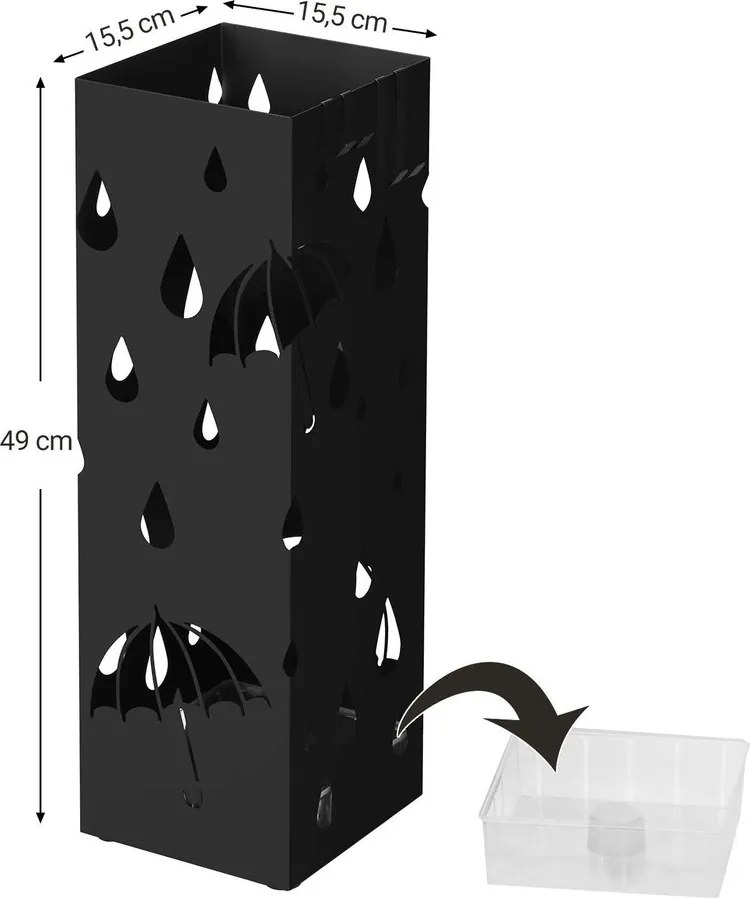 Fém esernyőtartó, 4 akasztóval, cseppgyűjtő tálcával, tintafekete