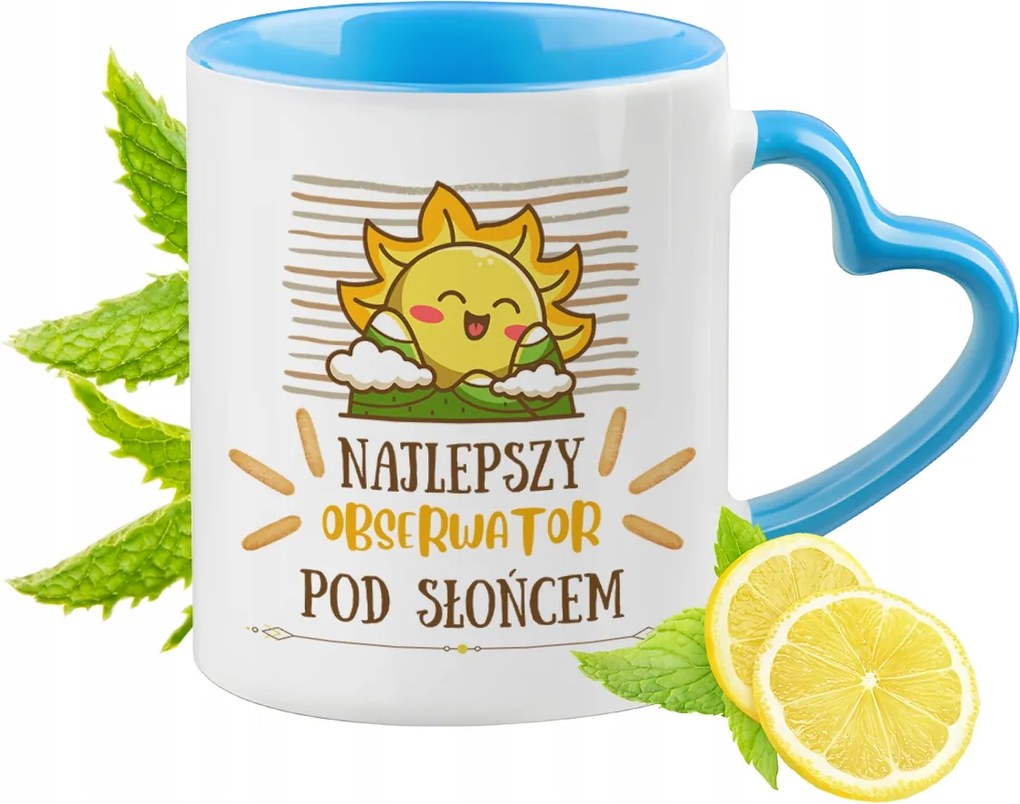 Kék bögre szív alakú füllel a megfigyelőnek ajándékba