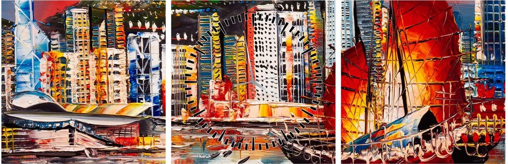 Kép - Victoria Harbour, Hong Kong, olajfestmény (órával) (90x30 cm)