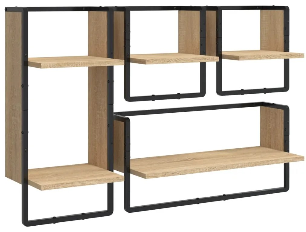 4 részes sonoma tölgy színű szerelt fa fali polc szett rúddal