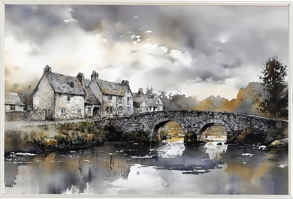 Poszter Keret Alumínium Tájkép Anglia Város Házak Folyó Híd 60x40