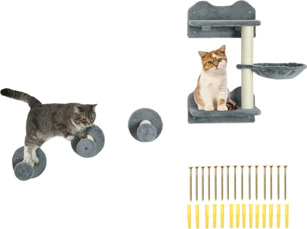PawHut Macska Kúszófal, 4 darabos, Macskakúszófal, 1 x Ugrálótoronnyal, 3 x Kaparófával, Kúszófal szett, Kaparfafa függőággyal, falitálca macskáknak,