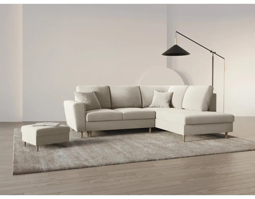 Bézs bársony kinyitható tárolóhelyes sarokkanapé (jobb oldali-L alakú) Kyoto – Cosmopolitan Design