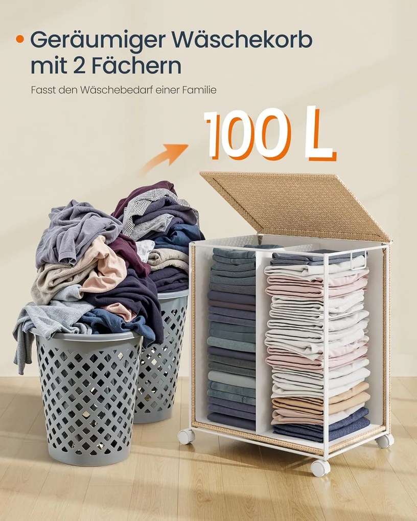 Szennyeskosár 2 rekesszel, 100 literes fedeles ruháskosár natúr bézs és matt fehér színben