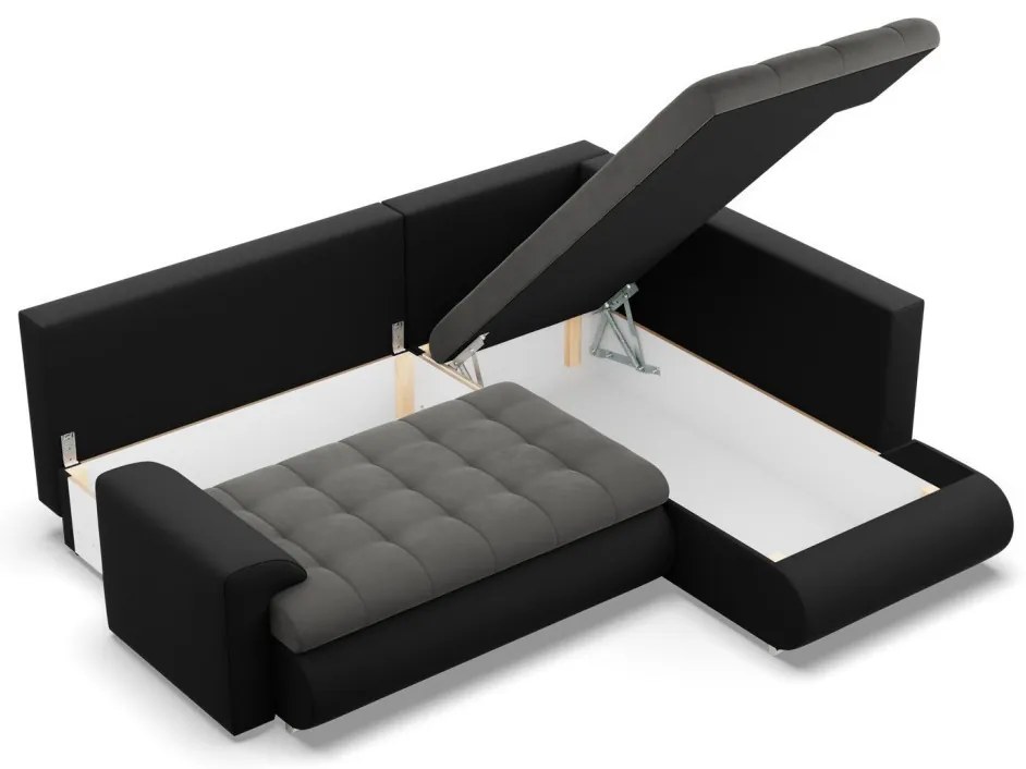 Tokio sarokkanapé, L alakú háttámlával, 2 ágyneműtartóval, bársony + műbőr, jobboldali, szürke - fekete