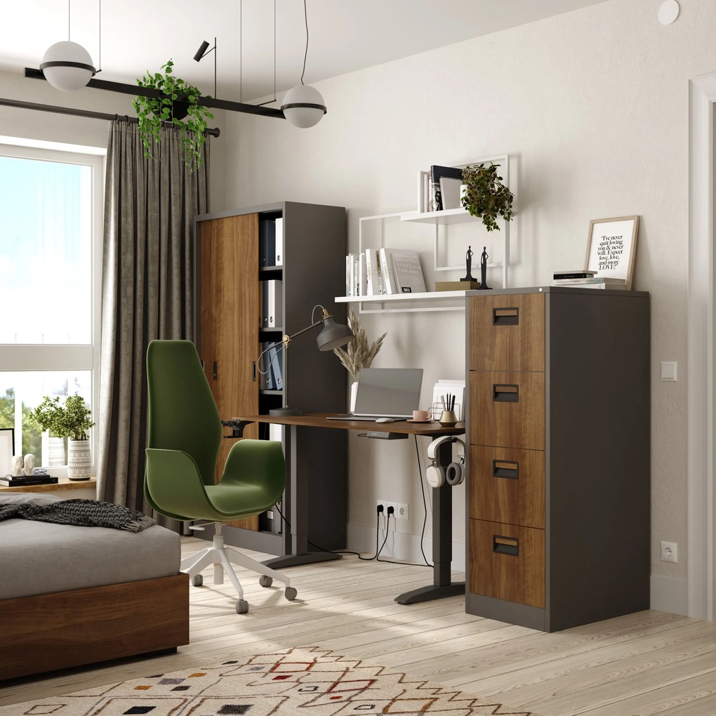 Fém irodai szekrény tolóajtókkal, antracit/dió, 900x1850x400 mm: KUBA Eco Design