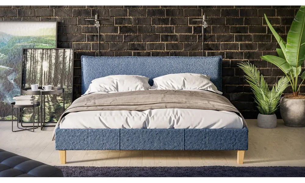 Kék kárpitozott franciaágy ágyráccsal 160x200 cm Tina – Ropez