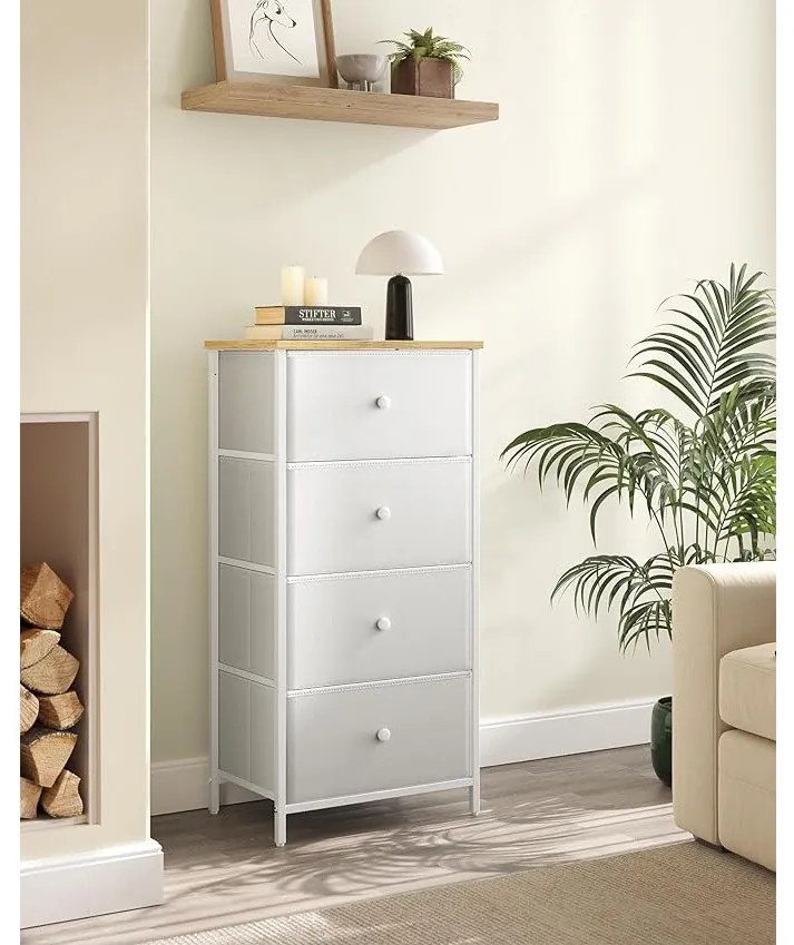 Tároló szekrény négy fiókkal, ruhás szekrény, fehér és tölgy 30 x 45 x 92 cm