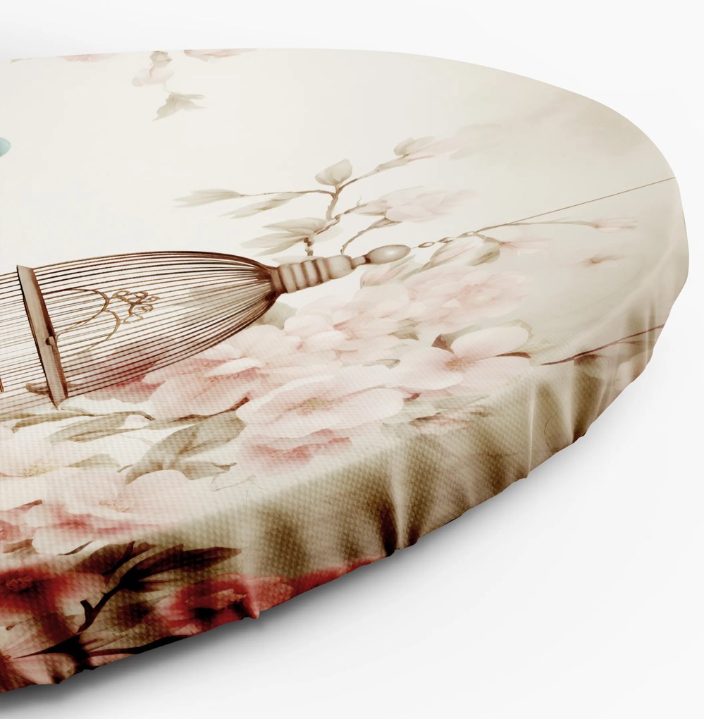 Gario Kerek vászonkép Irágok, madárkalitka és színes madár Méret: 40 x 40 cm