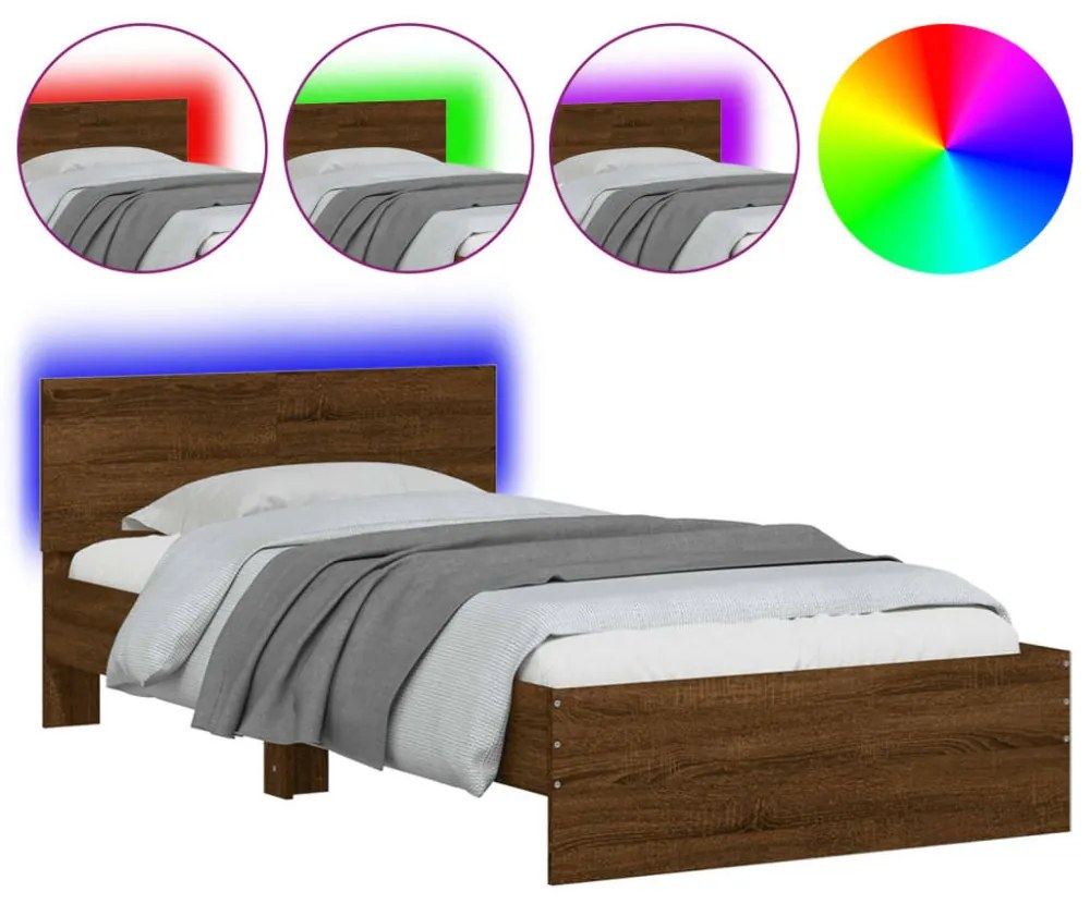 barna tölgy színű ágykeret fejtámlával és LED-ekkel 100x200 cm