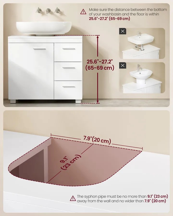 Mosdó alatti fürdőszobai szekrény 3 fiókkal, felhőfehér