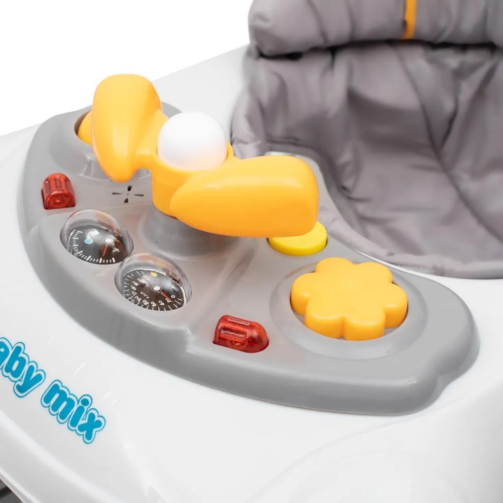 Gyerek bébikomp Baby Mix kormánykerékkel szilikon kerekek szürke