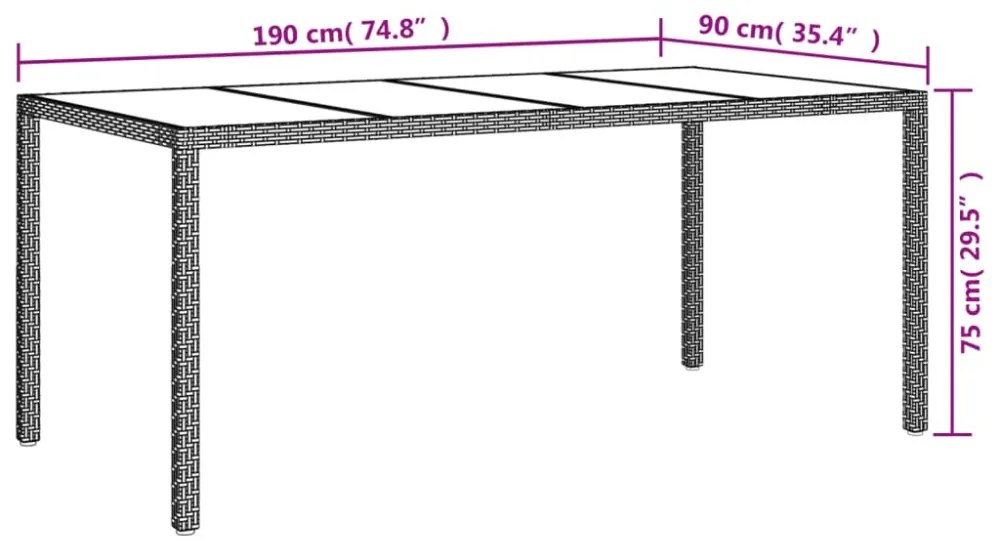 bézs szürke polyrattan és edzett üveg kerti asztal 190x90x75 cm
